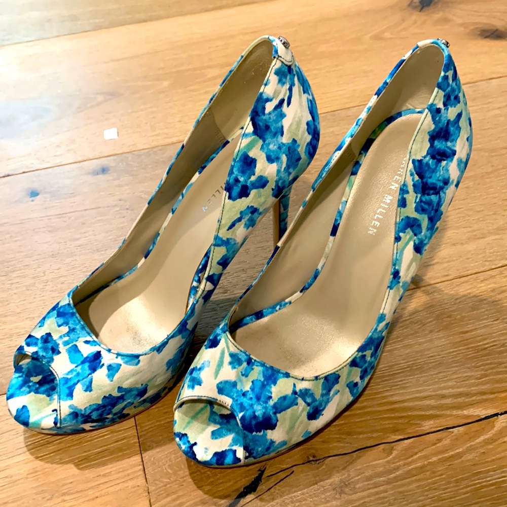 Karen Millen Blue Floral Peep Toe Platform Heels